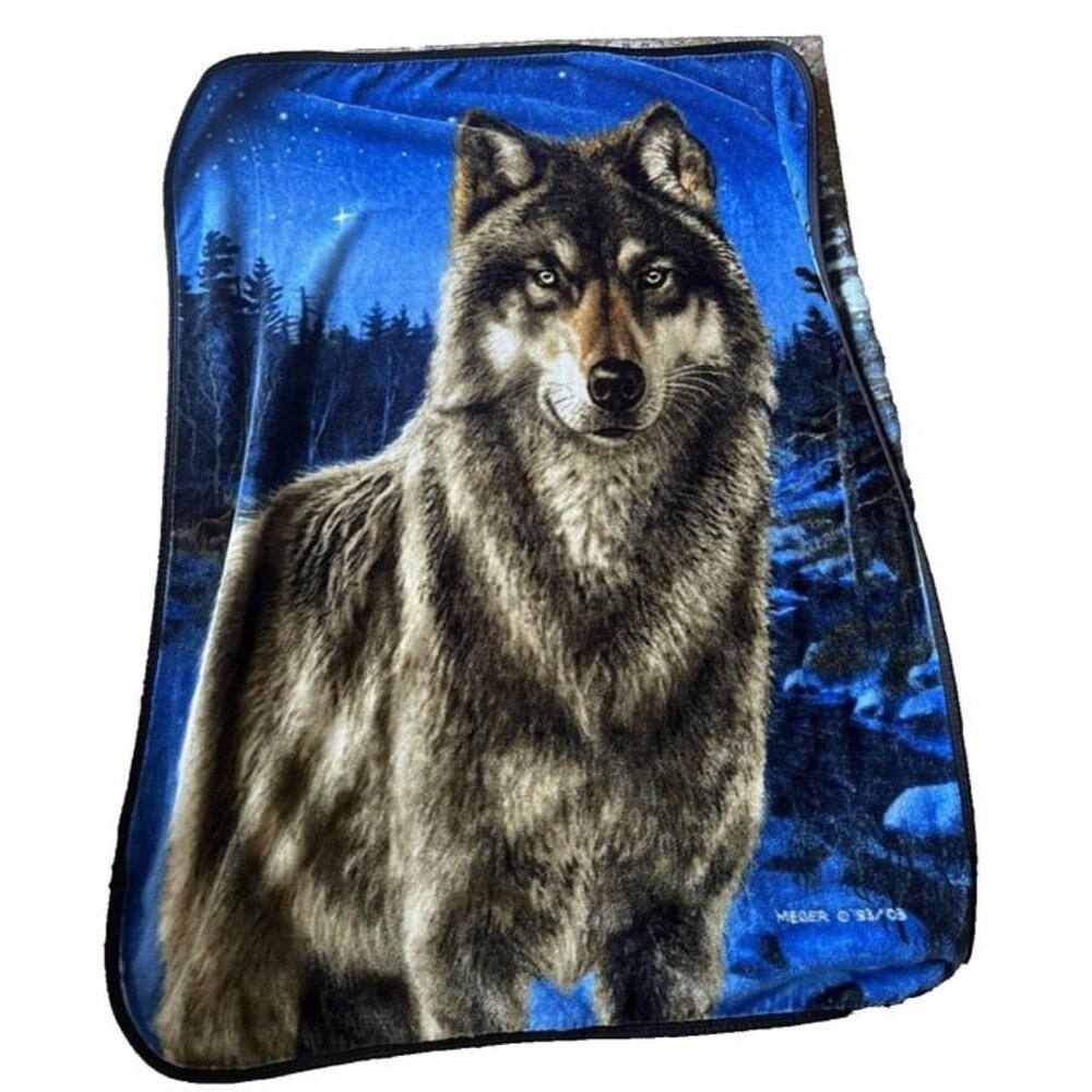 James Meger Wolf Throw Blanket Fleece Wildlife‎ Wolf Moon Forest Cabin Vtg Decor